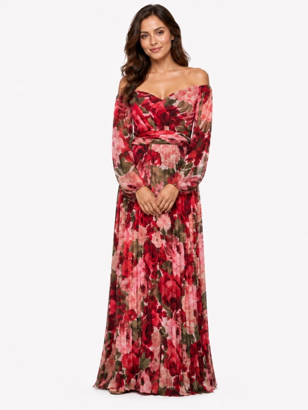 XSCAPE - Petite Floral-Print Pleated Off-the-Shoulder Gown